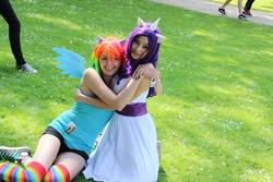 Size: 960x640 | Tagged: safe, artist:ziraflyx, rainbow dash, rarity, human, g4, cosplay, hug, irl, irl human, photo