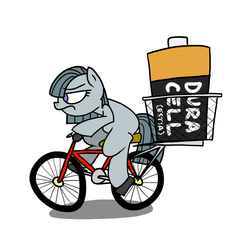 Size: 700x700 | Tagged: safe, artist:grilledcat, marble pie, earth pony, pony, g4, battery, bicycle, carrying, duracell, electricity, female, frown, mare, pun, solo, united kingdom, wat