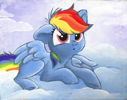 Size: 1000x793 | Tagged: safe, artist:tsebresos, rainbow dash, g4, :o, female, filly, filly rainbow dash, floppy ears, looking at you, prone, solo, traditional art, underhoof