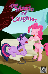 Size: 1150x1750 | Tagged: safe, artist:alixnight, pinkie pie, twilight sparkle, earth pony, pony, unicorn, g4, bench, cover, cover art, duo, eyes closed, laughing, ship:twinkie, shipping, unicorn twilight