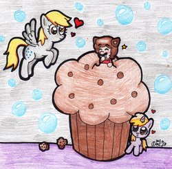 Size: 1024x1006 | Tagged: safe, artist:babyabbiestar, derpy hooves, dinky hooves, pegasus, pony, g4, bubble, crossover, female, giant muffin, heart, mare, mario, micro, muffin, nintendo, super mario bros., traditional art