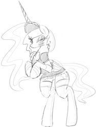 Size: 964x1279 | Tagged: safe, artist:zev, nightmare moon, alicorn, pony, g4, bedroom eyes, bipedal, blushing, clothes, cute, female, grayscale, looking down, maid, maidmare moon, mare, monochrome, shy, solo, stockings, stupid sexy nightmare moon