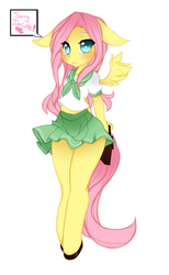 Size: 2975x4822 | Tagged: safe, artist:punipaws, fluttershy, anthro, unguligrade anthro, g4, ambiguous facial structure, blushing, clothes, female, school uniform, skirt, solo