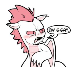 Size: 450x423 | Tagged: safe, fizzle, dragon, g4, blushing, denial, ew gay, male, reaction image, simple background, solo, teenaged dragon, text, transparent background, tumblr