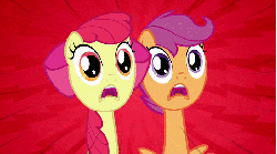 Size: 701x390 | Tagged: safe, screencap, apple bloom, scootaloo, pony, g4, one bad apple, season 3, animated, female, filly, foal, gif, long neck, speed lines