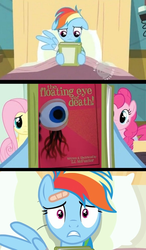 Size: 580x996 | Tagged: safe, fluttershy, pinkie pie, rainbow dash, g4, aquabats, floating eye of death, reading rainbow