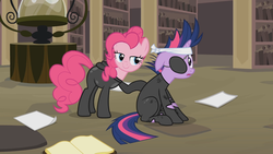 Size: 1280x720 | Tagged: safe, screencap, pinkie pie, twilight sparkle, earth pony, pony, unicorn, g4, it's about time, catsuit, duo, future twilight, lidded eyes, out of context, sneaking suit