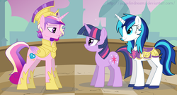 Size: 1366x738 | Tagged: dead source, source needed, safe, artist:jaquelindreamz, princess cadance, shining armor, twilight sparkle, alicorn, pony, unicorn, alternate universe, brothers-in-law, female, gleaming bolero, gleaming shield, male, prince bolero, rule 63, shiningcadance, shipping, siblings, sisters, straight, unicorn twilight