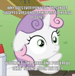 Size: 495x496 | Tagged: safe, edit, edited screencap, screencap, sweetie belle, trixie, g4, ponyville confidential, image macro, meme, meta, pun, question, rule 63, solo, sudden clarity sweetie belle, text, tristan