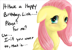 Size: 949x665 | Tagged: safe, artist:niji-koi, fluttershy, pegasus, pony, g4, female, floppy ears, happy birthday, solo