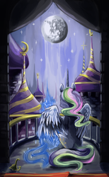 Size: 1000x1625 | Tagged: safe, artist:purplelemons, princess celestia, princess luna, g4, balcony, castle, curtains, dark, female, mare in the moon, moon, night, solo