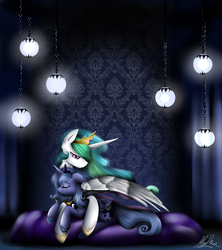 Size: 4000x4500 | Tagged: safe, artist:kitsunehino, princess celestia, princess luna, g4, absurd resolution, crying, hug