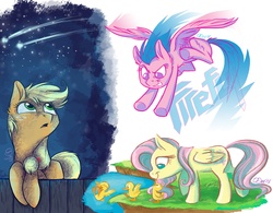 Size: 2634x2059 | Tagged: safe, artist:graystripe64, applejack, firefly, fluttershy, duck, g1, g4, g1 to g4, generation leap, shooting star