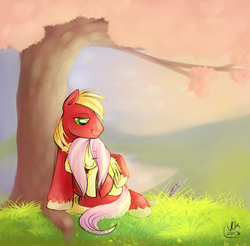 Size: 1959x1930 | Tagged: safe, artist:obligatorilyoptional, big macintosh, fluttershy, earth pony, pony, g4, cuddling, male, ship:fluttermac, shipping, snuggling, stallion, straight, tree