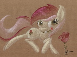 Size: 1280x948 | Tagged: safe, artist:getchanoodlewet, roseluck, g4, female, looking at you, mouth hold, rose, solo, traditional art