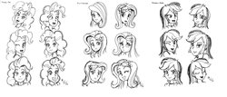 Size: 1600x682 | Tagged: safe, artist:mayorlight, fluttershy, pinkie pie, rainbow dash, equestria girls, g4, bedroom eyes, expressions, eyes closed, frown, grin, looking at you, monochrome, open mouth, raised eyebrow, smiling, squee, wide eyes, wink