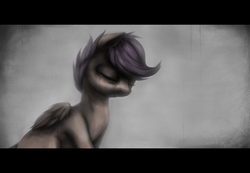 Size: 1500x1040 | Tagged: dead source, safe, artist:ventious, scootaloo, pegasus, pony, g4, crying, dark, eyes closed, female, filly, letterboxing, sad, solo, widescreen