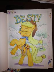 Size: 768x1024 | Tagged: safe, artist:andy price, applejack, g4, bandana, best pony, female, rearing, rope, solo, traditional art, wink