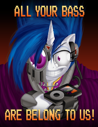 Size: 1275x1650 | Tagged: safe, artist:berrypawnch, dj pon-3, vinyl scratch, cat, cyborg, g4, all your base are belong to us, female, ipod, meme, oh no he didn't, parody, pun, solo, zero wing