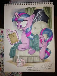 Size: 768x1024 | Tagged: safe, artist:andypriceart, twilight sparkle, g4, blanket, book, edgar allan poe, female, hot chocolate, solo, thunderstorm, traditional art