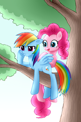 Size: 660x996 | Tagged: safe, artist:asdf314159265, pinkie pie, rainbow dash, g4, female, lesbian, ship:pinkiedash, shipping, straddling, tree, tree branch