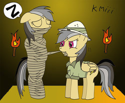 Size: 985x811 | Tagged: safe, artist:k-m-123, daring do, pegasus, pony, g4, bondage, cloth gag, doppelganger, duo, eyes closed, gag, hilarious in hindsight, mouth hold, mummification, onomatopoeia, self ponidox, sleeping, sleeping while standing, sound effects, unconscious, zzz