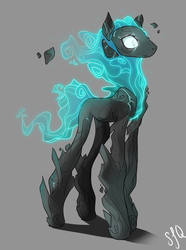 Size: 1024x1376 | Tagged: safe, artist:pon-ee, oc, oc only, elemental, golem, original species, fire, gray background, magic, rock, simple background, smiling, solo, standing