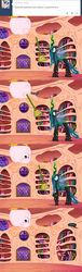 Size: 650x2125 | Tagged: safe, artist:mixermike622, queen chrysalis, oc, oc:fluffle puff, monster pony, original species, spiderpony, tumblr:ask fluffle puff, g4, ask, broom, comic, golden oaks library, nope, tumblr