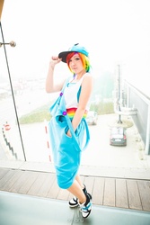 Size: 1000x1500 | Tagged: safe, artist:pichu-no-sekai, rainbow dash, human, g4, cosplay, hat, irl, irl human, overalls, photo, solo