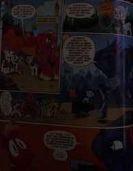 Size: 1484x1907 | Tagged: safe, artist:andypriceart, idw, official comic, big macintosh, carrot top, cookie crumbles, dj pon-3, golden harvest, hondo flanks, mr. waddle, princess luna, rarity, vinyl scratch, earth pony, pony, g4, spoiler:comic, spoiler:comic09, clothes, comic, male, rarity's parents, ship:cookieflanks, singing, song, stallion, t-shirt, unnamed character, unnamed pony
