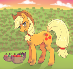 Size: 908x860 | Tagged: safe, artist:raponee, applejack, g4, apple, female, orchard, solo