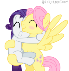Size: 879x910 | Tagged: safe, artist:andreamelody, fluttershy, rarity, pegasus, pony, unicorn, g4, blushing, butterscotch, female, half r63 shipping, hug, male, mare, rule 63, ship:flarity, ship:rariscotch, shipping, simple background, stallion, straight, transparent background