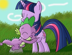 Size: 2668x2026 | Tagged: safe, artist:mast88, spike, twilight sparkle, g4, cute, eyes closed, grass, hug, rock, smiling, spikelove, sun