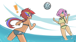 Size: 2732x1536 | Tagged: safe, artist:red-poni, fluttershy, rainbow dash, human, g4, ball, belly button, bikini, buttcrack, clothes, duo, exclamation point, humanized, midriff, ocean, sports, swimsuit, tankini, volleyball, water