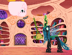 Size: 650x500 | Tagged: safe, artist:mixermike622, edit, queen chrysalis, oc, oc:fluffle puff, tumblr:ask fluffle puff, g4, animated, broom, golden oaks library, poking