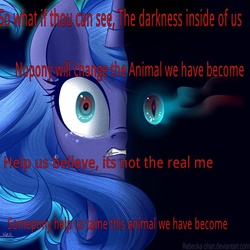 Size: 1024x1024 | Tagged: safe, artist:rebecka-chan, nightmare moon, princess luna, g4, animal i have become, crying, lyrics, song reference, text, three days grace