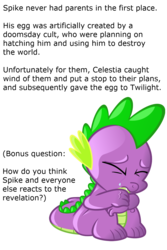 Size: 1000x1500 | Tagged: safe, spike, dragon, g4, crying, cult, headcanon, male, question, sad, simple background, solo, spikeabuse, transparent background