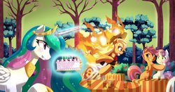 Size: 1280x670 | Tagged: safe, artist:freedomthai, applejack, princess celestia, scootaloo, sweetie belle, pony, g4, awolnation, bipedal, burning, cake, fire, magic, wat
