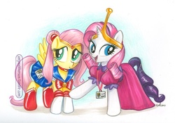 Size: 800x565 | Tagged: safe, artist:amy mebberson, fluttershy, rarity, g4, adventure time, cosplay, male, princess bubblegum, sailor moon (series), traditional art