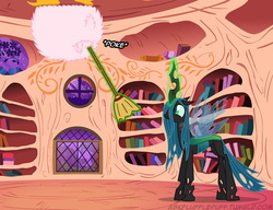 Size: 650x500 | Tagged: safe, artist:mixermike622, queen chrysalis, oc, oc:fluffle puff, tumblr:ask fluffle puff, g4, broom, golden oaks library, poking