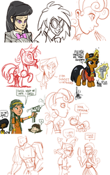 Size: 1000x1582 | Tagged: safe, artist:theartrix, dj pon-3, octavia melody, sunset shimmer, sweetie belle, vinyl scratch, oc, ant, human, g4, gun, humanized, magic, sketch dump, telekinesis