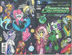 Size: 800x612 | Tagged: dead source, safe, artist:ponygoddess, applejack, derpy hooves, fluttershy, pinkie pie, rainbow dash, rarity, spike, sunset shimmer, twilight sparkle, alicorn, pony, zombie, g4, black lantern, blue lantern, blue lantern corps, clothes, costume, cover, crossover, dc comics, female, green lantern, green lantern (comic), green lantern corps, indigo tribe, mane seven, mane six, mare, mogo, new 52, orange lantern, parody, red lantern corps, sinestro corps, space, star sapphire, superhero, traditional art, twilight sparkle (alicorn), white lantern