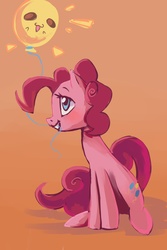 Size: 2160x3240 | Tagged: safe, artist:my-magic-dream, pinkie pie, g4, balloon, cute, diapinkes, female, mouth hold, orange background, profile, simple background, sitting, solo