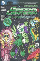 Size: 800x1220 | Tagged: dead source, safe, artist:ponygoddess, fluttershy, rainbow dash, rarity, spike, g4, clothes, costume, crossover, green lantern, parody, space, traditional art