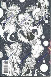 Size: 800x1222 | Tagged: dead source, safe, artist:ponygoddess, applejack, pinkie pie, sunset shimmer, twilight sparkle, alicorn, pony, g4, black and white, clothes, costume, crossover, derp, female, grayscale, green lantern, mare, parody, space, traditional art, twilight sparkle (alicorn)