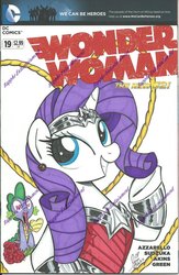 Size: 800x1224 | Tagged: safe, artist:ponygoddess, rarity, spike, g4, bouquet, clothes, costume, cover, crossover, dc comics, female, flower, male, new 52, parody, ship:sparity, shipping, straight, traditional art, wonder woman