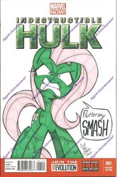 Size: 800x1212 | Tagged: safe, artist:ponygoddess, fluttershy, g4, cover, crossover, hilarious in hindsight, parody, speech bubble, the incredible hulk, traditional art