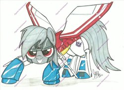 Size: 800x582 | Tagged: dead source, safe, artist:ponygoddess, rainbow dash, g4, clothes, cosplay, costume, crossover, female, solo, starscream, traditional art, transformerfied, transformers, watermark
