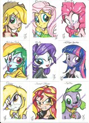 Size: 800x1111 | Tagged: safe, artist:ponygoddess, applejack, derpy hooves, fluttershy, pinkie pie, rainbow dash, rarity, spike, sunset shimmer, twilight sparkle, dog, equestria girls, g4, humane six, humanized, mane seven, mane six, spike the dog, traditional art