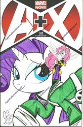 Size: 800x1216 | Tagged: safe, artist:ponygoddess, pinkie pie, rarity, g4, avengers, clothes, costume, cover, crossover, janet van dyne, rogue (x-men), traditional art, wasp (marvel), x-men